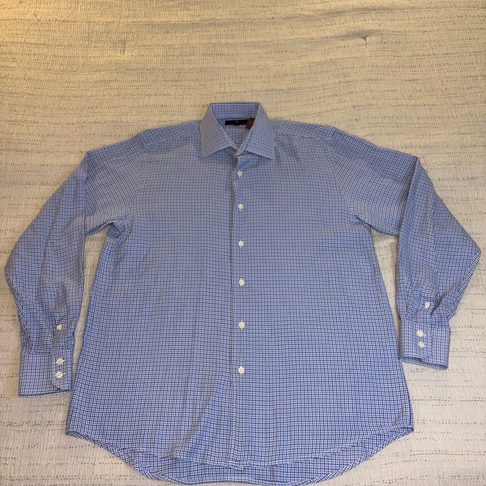 Toscano Mens Blue White Micro Check Button Down Shirt Long Sleeve Size M Cotton